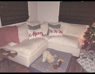 Restoration hardware cloud, three-piece, sectional, and ottoman set.