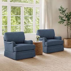 Dark Blue Fabric 360° Swivel Accent Chair