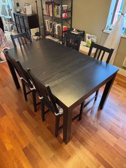 IKEA Bjursta Extendable Dining Table + 5 Chairs + 2 extension leaves