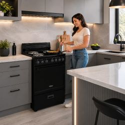 Premium Levella 24" Freestanding Electric Range with 4 Coil Burners, 2.6 Cu. Ft. Oven & Mirrored Glass Door, 220V, Black (PRE2427GB)