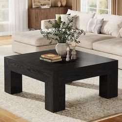 39.4 inches Square Coffee Table for Living Room Farmhouse All MDF Accent Center Cocktail Table with Sturdy Legs, Black.