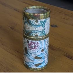 Vintage Italian Florentine style match stick holder, featuring colorful floral paisley patterns with gold trim, typically constructed f