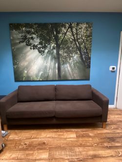 Dark Brown Fabric Sofa with Wood Legs