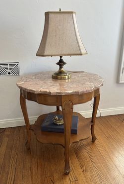 Vintage French Provincial Pink Marble Accent Table Round Side Table Scalloped Edge Nightstand