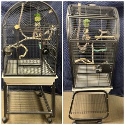 Large Bird Cage With Stand On Wheels. Includes Water Food Bowls, Branch Perches, Rope Perch 