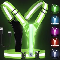 LED Reflective Vest Running Gear, Lights Colors High Visibility Reflective Running Gear Rechargeable Light Up Running （Green）