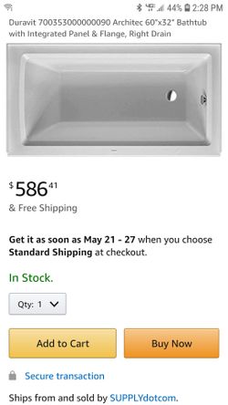 Duravent architect 60 inch Alcove acrylic soaking tub with right drain and overflow