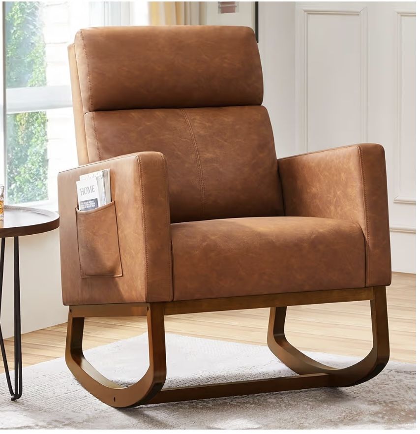 Leather Glider Chair, Modern Rocking Chair, Nursery Faux Leather Glider Chair with Rubber Wood Legs and Side Pocket, Rocking Accent Armchair for Livin