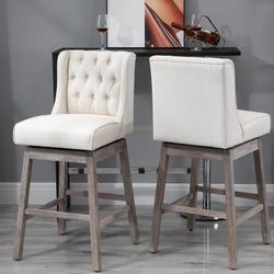 Bar Height Bar Stools Set of 2, 180 Degree Swivel Barstools with Solid Wood Footrests and Button Tufted Design, 30" Seat Height Bar Chairs for Kitchen