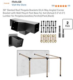 30° Slanted Roof Pergola Brackets Kit, 4-Way Angled Corner Bracket with Wall Mount Post Base