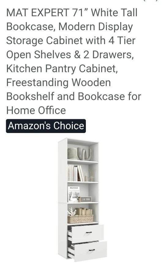 MAT EXPERT 71” White Tall Bookcase, Modern Display Storage Cabinet with 4 Tier Open Shelves & 2 Drawers, Kitchen Pantry Cabinet, Freestanding Wooden B