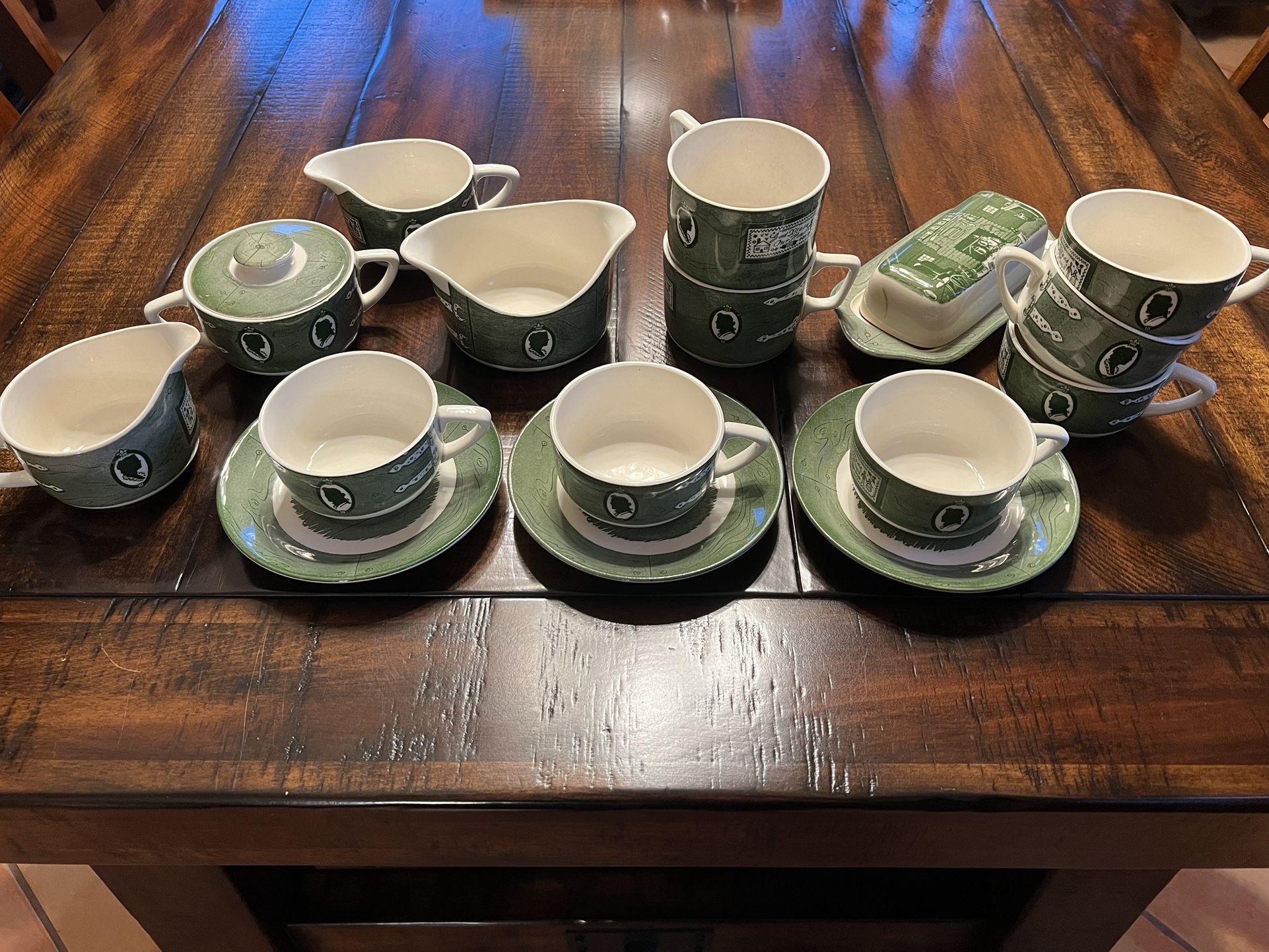 Vintage Mid-Century Colonial Homestead Green Transferware Dishes by Royal China