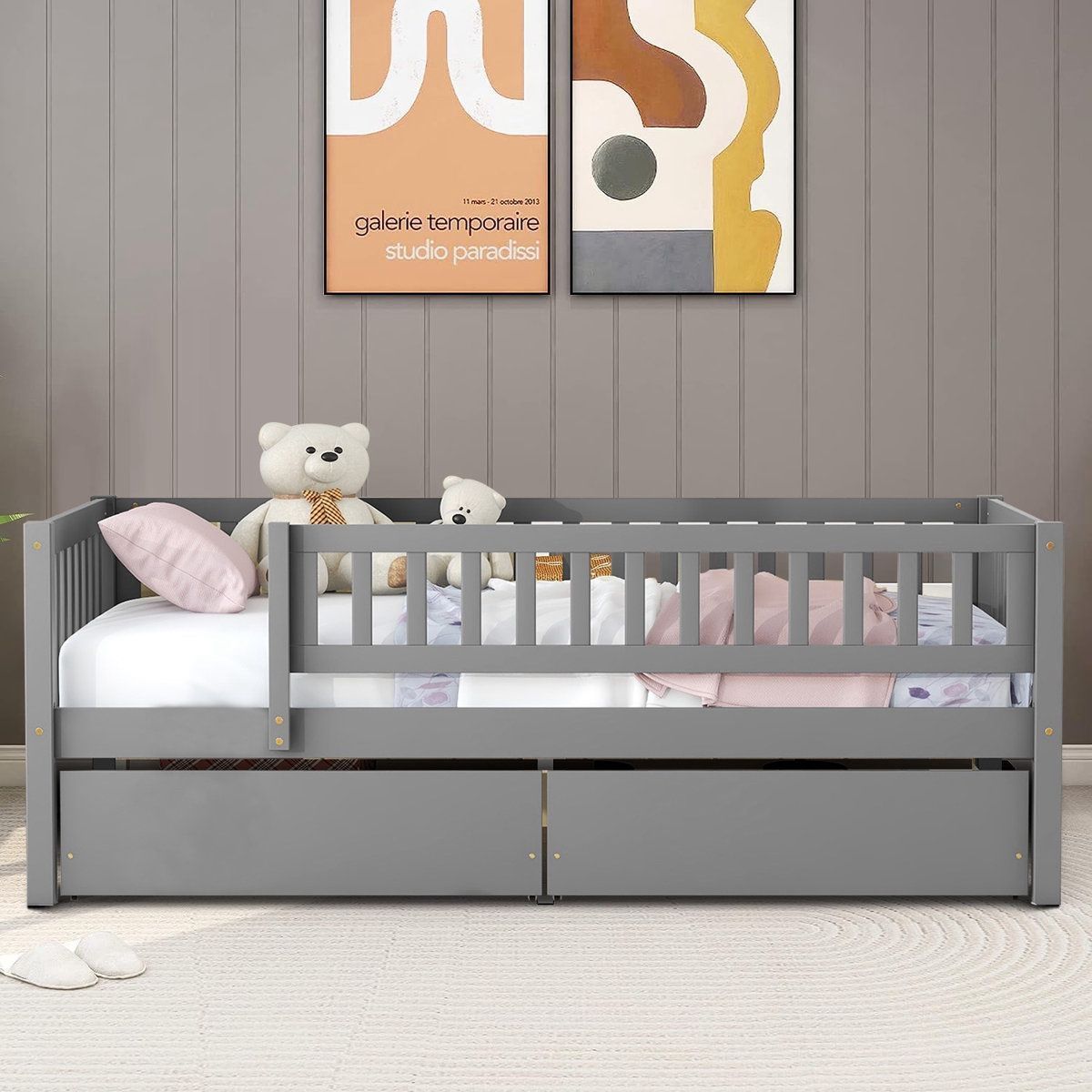 NEW Gray Solid Wood Kids Furniture Twin Size Daybed Kids Bed with Two Drawers