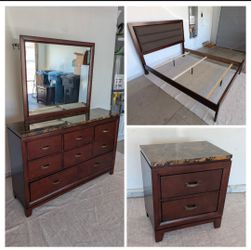 GENTLY USED QUEEN BEDROOM SET - One Bedframe, One Dresser w/ Mirror, One Night Stand