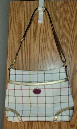 Coach Cream Plaid Shoulder Bag with Multicolor Stripes