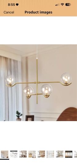 4 Lights Gold Sputnik Chandelier, Modern Large L31 '' Mid Century Long Ceiling Pendant Light Fixtures with Clear Glass Globe Shades for High Ceiling L