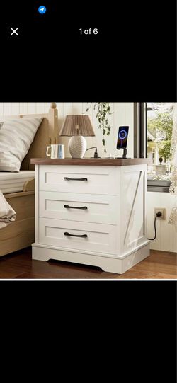 24" Farmhouse Nightstand with Charging Station & 3 Drawers – New
