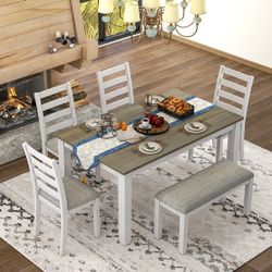 6-Pc Rustic Gray Dining Set:  60” White / Wood Dining Table &  4 Dining Chairs & Bench [NEW IN BOX] **Retails for $1200