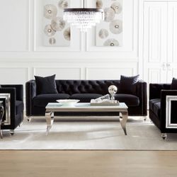 BLACK VELVET W/ Silver Trim Living Room Set