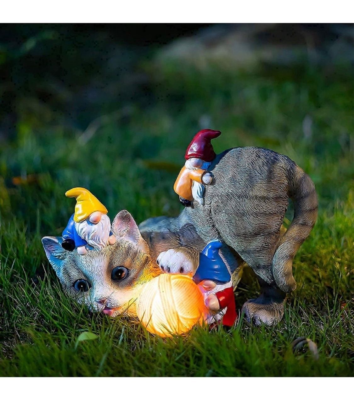 Solar Light Patio Decor Cats Playing with Gnomes Resin Yard