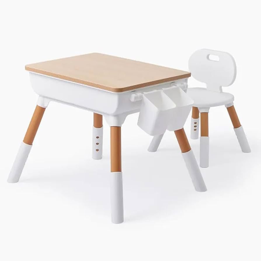 A872 Toddler Desk & Chair Set - Adjustable Height Kids Table with Storage, Solid Wood Legs, Ergonomic for Arts & Crafts, Learning, Snacks & Play
