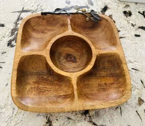 12" Modern Square Ceramic & Wood Divided Serving Platter / Snack Tray