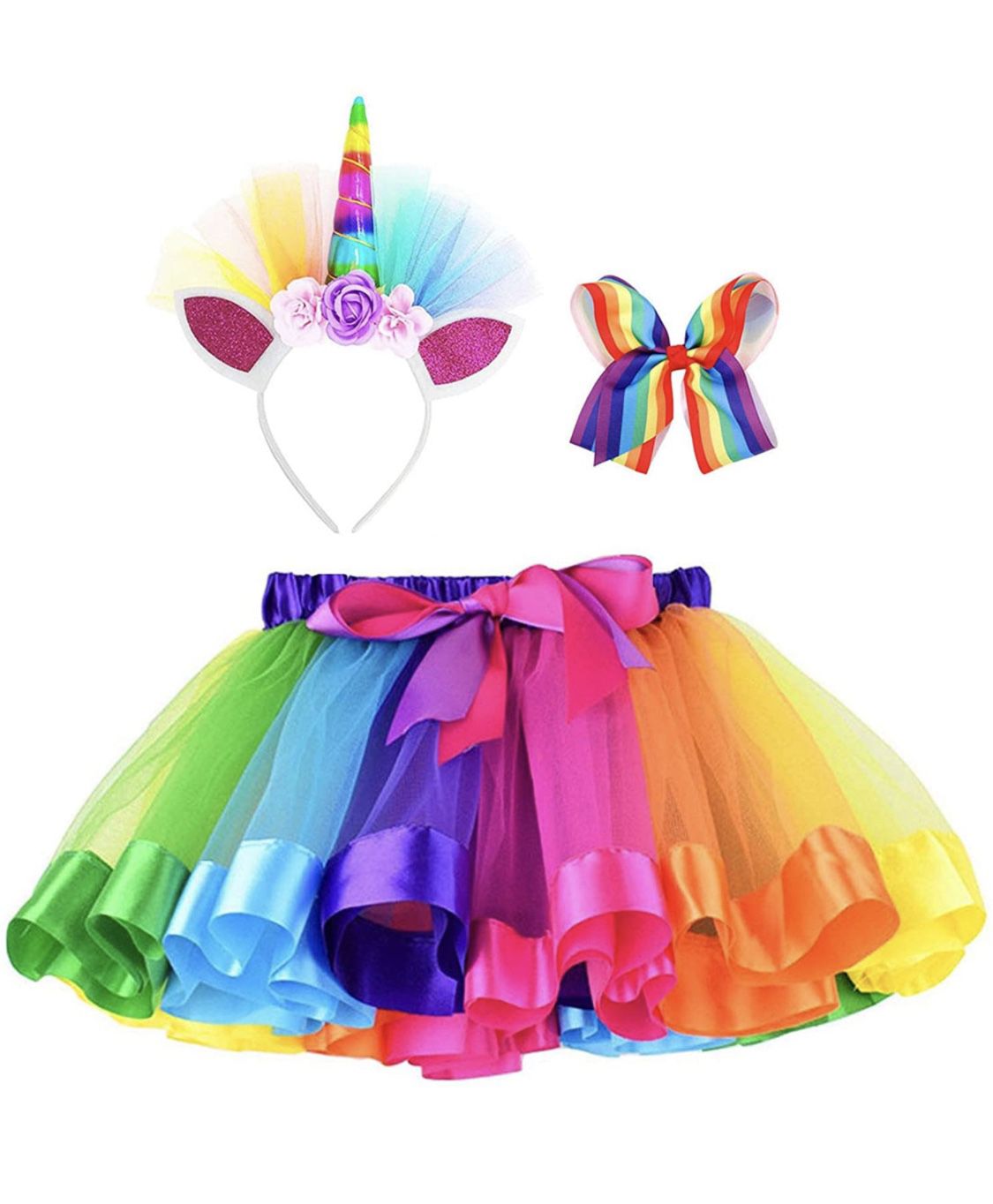 Rainbow Layered Tulle Tutu Skirt with Unicorn Headband & Hair Bow