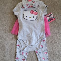Brand New Sanrio Hello Kitty 3 Piece Set, 12 Months Bodysuit Tutu Leggings And Headband Bow