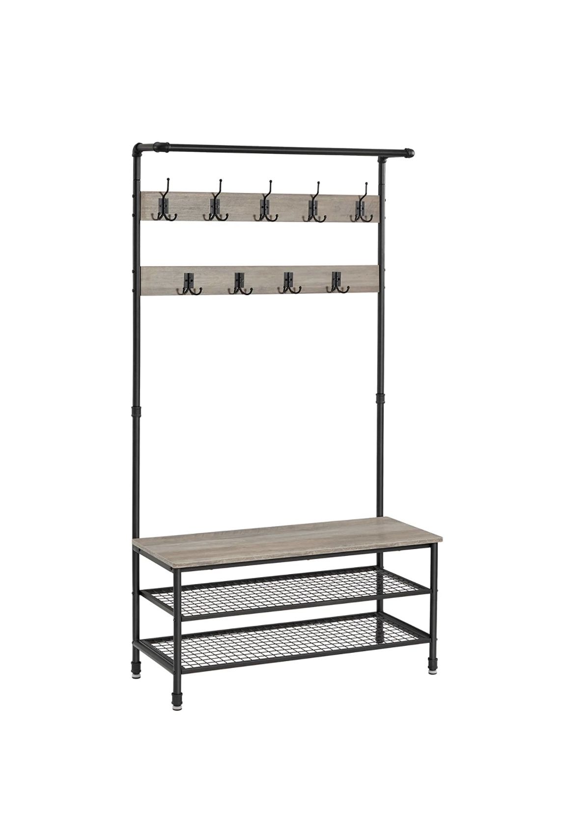 Coat Shoe Rack Hall Tree with 9 Hooks, Steel Frame Pipe Style, 39.4", Greige