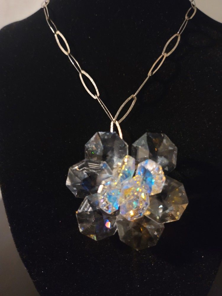 .925 Sterling Silver Necklace with Crystal Rose Pendent