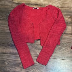 Zara Cropped Chenille Cardigan Sweater Fuscia Small