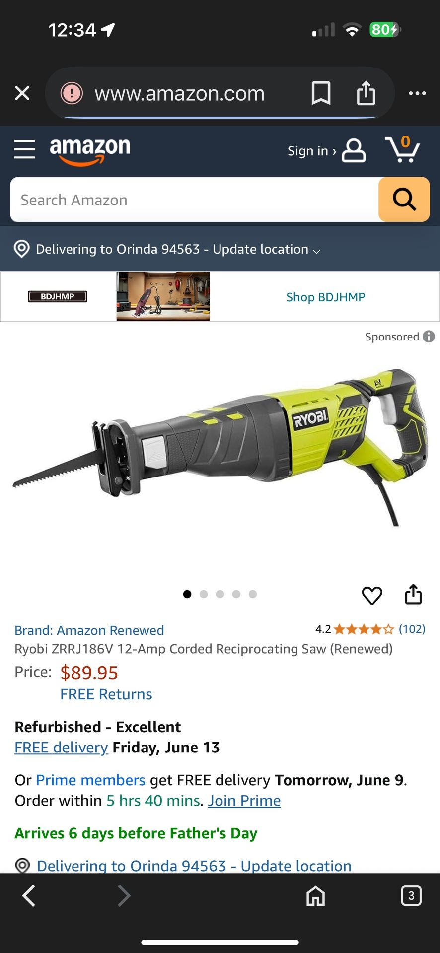 Ryobi Saw - In Great Condition - Used Less Than 8 Times