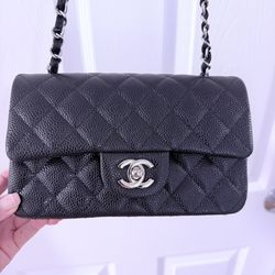 Chanel Caviar Mini Rectangular Flap Bag Black with Silver Hardware