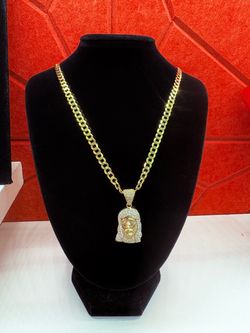 14K Gold Cuban Link Chain with Jesus Piece Pendant