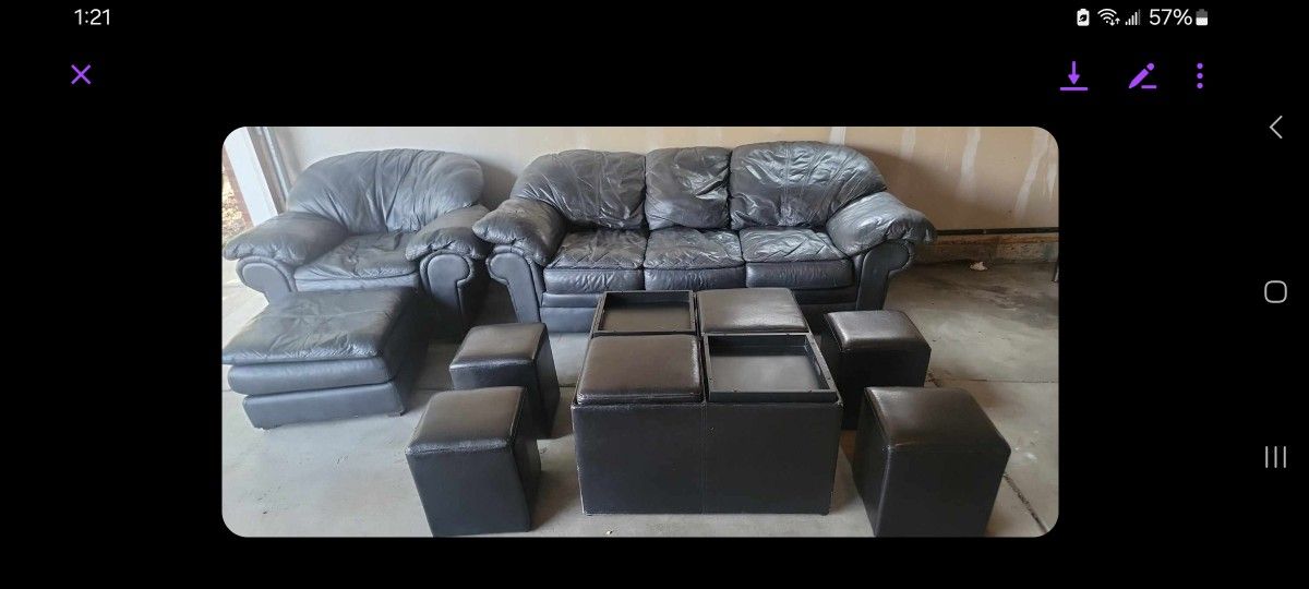 Leather Couchs With Ottoman And Adjustable Coffee Table