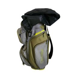TaylorMade Supreme Cart Bag in good pre-owned condition with minor wear and one zipper is not working on the cooler Section. Rain cover included. 

Ta