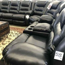 Brand New Living Room Set 💥 Black L Shape Oversized Leather Reclining Sectional Couch With Cup Holders| Red, Brown Options| Sofa, Loveseat, Wedge|