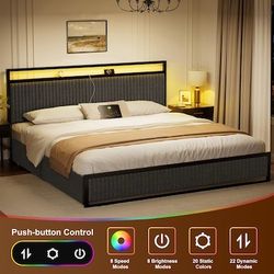 King size upholstered bed frame with drawers with USB and LED