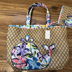 New VERA BRADLEY Marian Floral Whale Woven Straw Like Weaved Beach Tote Bag