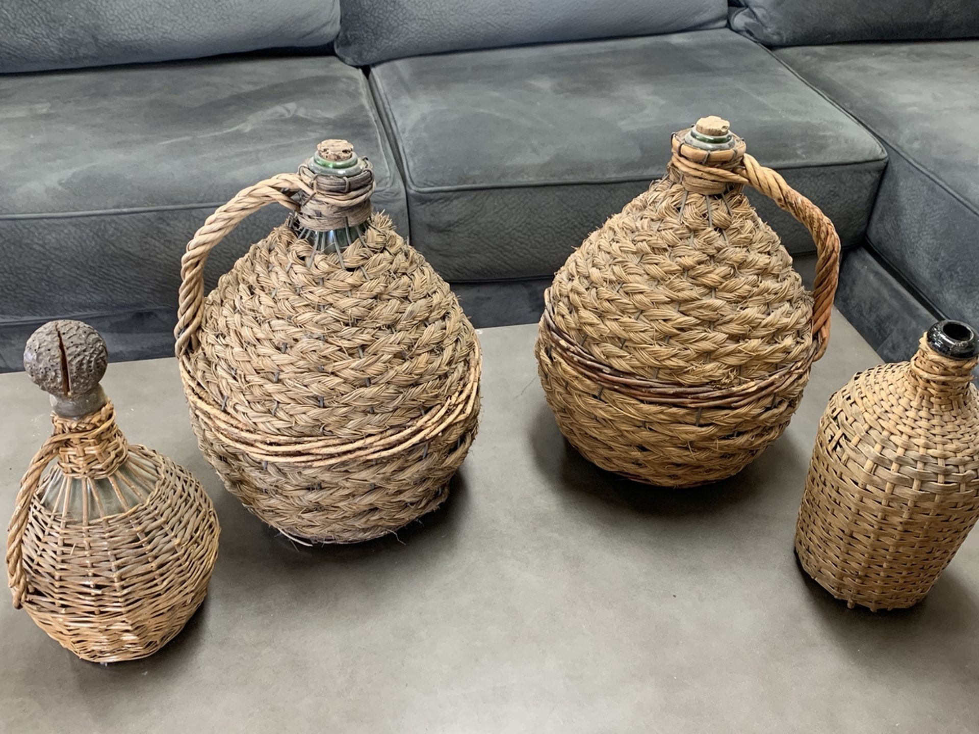 Vintage Wicker Wrapped Glass Bottles (4 Total)