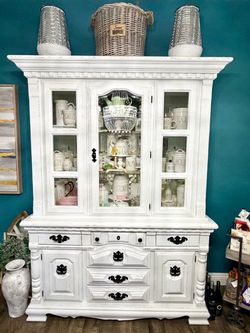 Beautiful distressed White Painted Wood China Hutch Cabinet