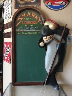 VINTAGE MAN CAVE DECOR!  SHARKY’s POOL HALL SCORE BOARD ! 36” TALL 27” WIDE MATERIALS: WOOD EXCELLENT CONDITION  “WE’VE MADE IT INCREDIBLY EASY AND CO