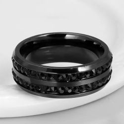 Black stainless steel black crystal band ring