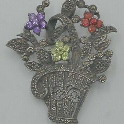 SILVER MARCASITES FLOWER BOUQUET PIN/BROOCH WITH COLORED STONES 8.8G MINT 