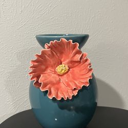 Anthropologie 6” Bloom Vase, Teal With Orange Poppy
