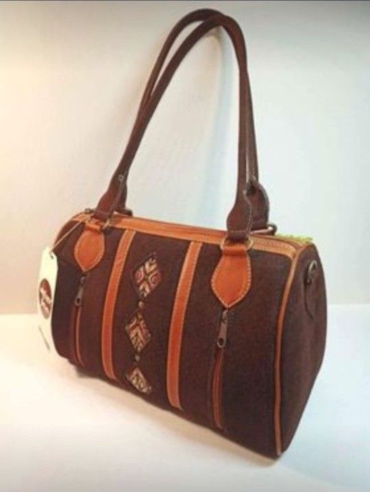 ECUADORIAN CLOTHING Co Satchel Handbag Brown Suede Fair Trade Faja Embroidery