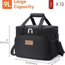 NEW Medium Lunch Bag Insulated Lunch Box Soft Cooler Cooling Tote for Adult Men Women, Black 12-Can (9L) 
