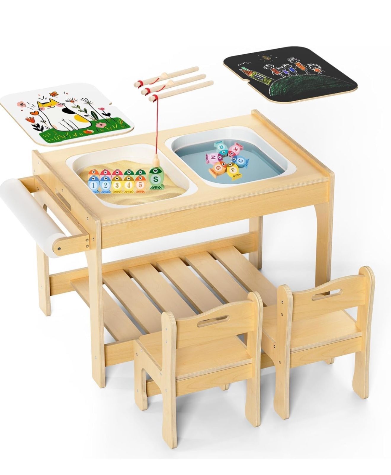 Sensory Table，Kids Sensory Table for Toddlers 1-3, Indoor, Montessori Toddler Activity with 2 Chairs, Sand and Water for Children with Fishing Game