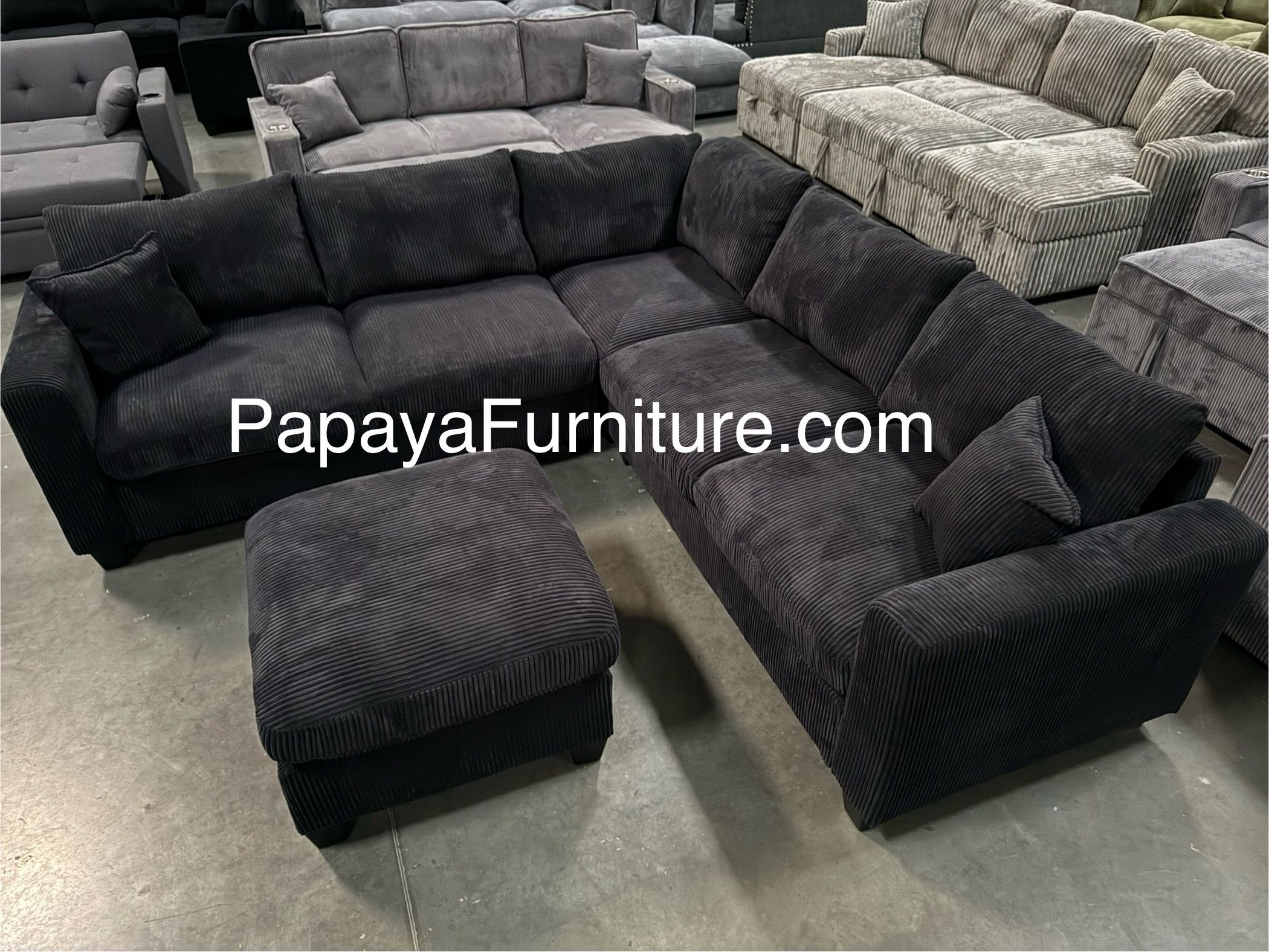 New! Black Sectional Sofa And Ottoman, Black Couch, Black Corduroy Sectional. L-Shaped Sofa, Couch, Sectionals, Black Sofa, Black Sectional,Plush Sofa