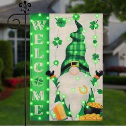 St Patrick's Day Garden Flag with Green Lights - Welcome Gnomes Shamrock St Patricks‘ Flag with Patent Led String Lights - Double Sided Flag for Saint
